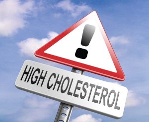 warning sign with high cholesterol written