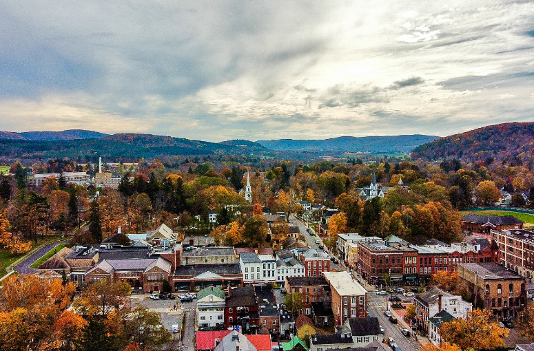 a city with trees and mountains in the background