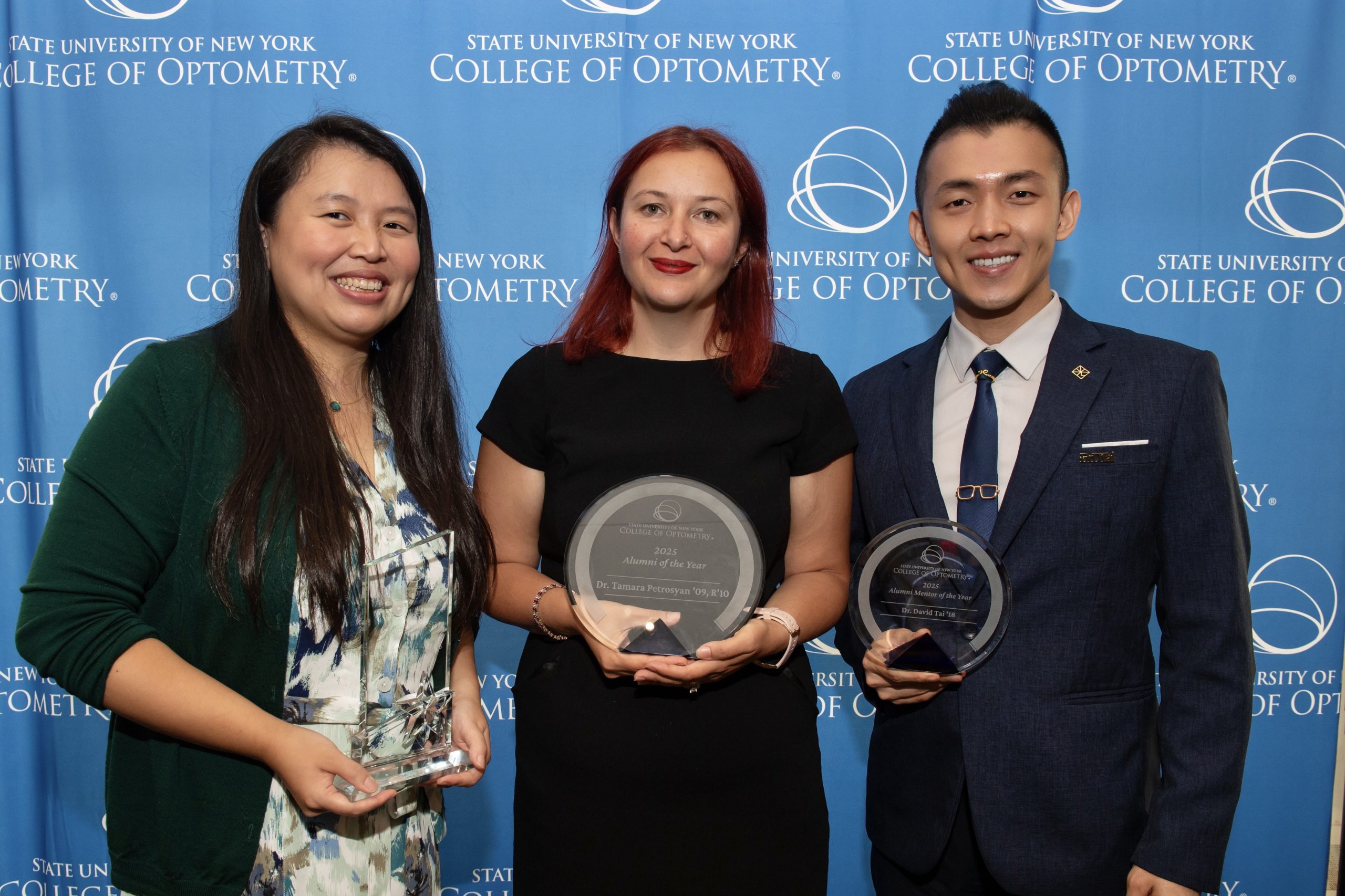 2025 Alumni Award Winners (L to R), Amy Lam '15, R'16, Tamara Petrosyan '09, R'10, & David Tai '18