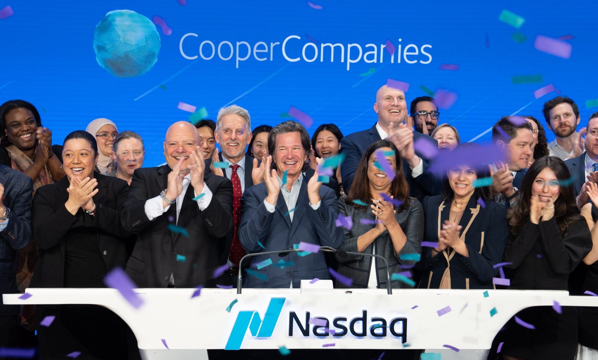 Dr. David Troilo and SUNY Optometry College join CooperCompanies on stage at the ringing of the Nasdaq bell