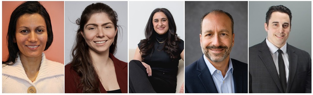 Headshots of alumni award winners: Photo (l-r): Dr. Anshu Chandra ’08, R’09, Dr. Marianna Butera ’21, R’22, Dr. Ora Esfahani ’16, Dr. Kyriakos “Ken” Mandadakis ’01, Dr. Michael DelGiodice R’09