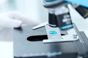 science, chemistry, biology, medicine and people concept - close up of scientist hand with test sample making research in clinical laboratory