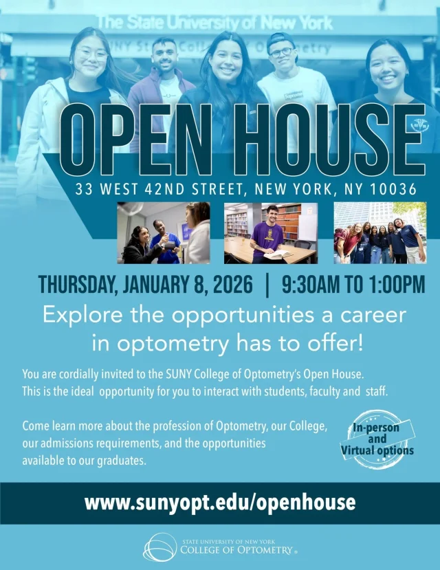 👀 Curious about a career in optometry? Join us at our Open House!

🗓 Thursday, January 8, 2026
⏰ 9:30 AM – 1:00 PM
📍 33 West 42nd Street, New York, NY

Explore what our College has to offer, meet students, faculty, and staff, and learn about admissions and career opportunities. Attend in-person or virtually!

Register now: www.sunyopt.edu/openhouse

#SUNYOptometry #OptometryCareer #OpenHouse #FutureOD #NYCEvents #EyeCareProfessionals